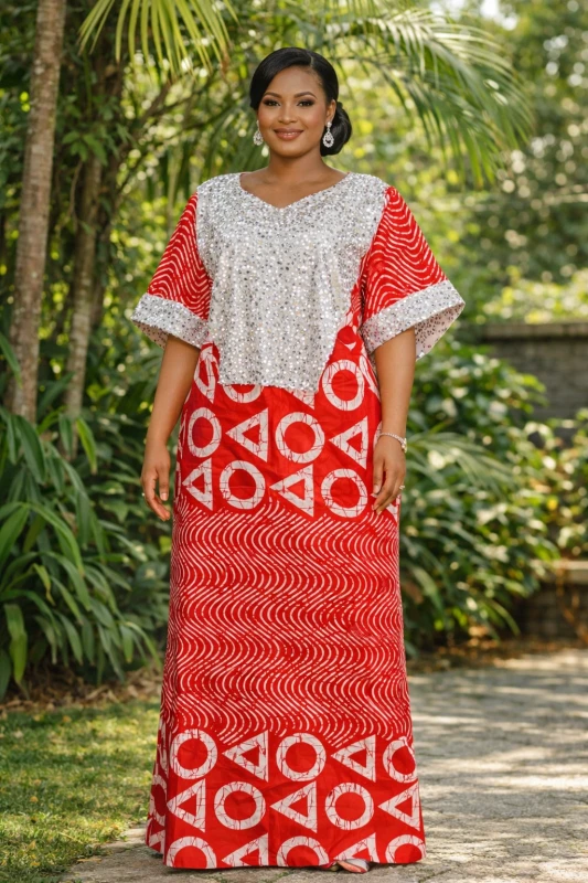 Stylish Red and Silver Ankara Long Gown – Elegant African Traditional Wear for Women