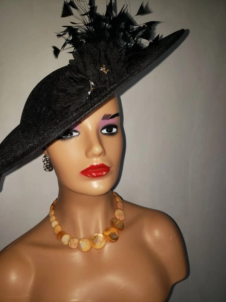 Elegant Wide Brim Black Fascinator Hat with Feathers and Roses