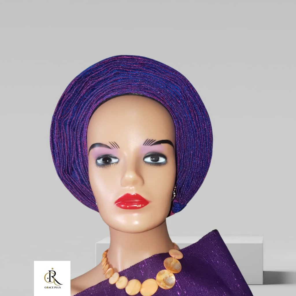 Premium Purple Round Pleated Auto-Gele - Adjustable Cotton Aso-Oke